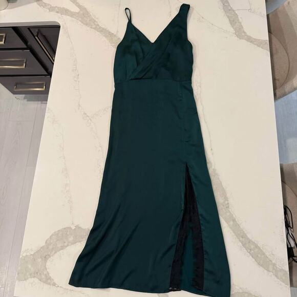 Zara NWT Satin Lace Asymmetrical Midi Slip Dress Womens Medium EmeraldGreen Sexy - Picture 1 of 10